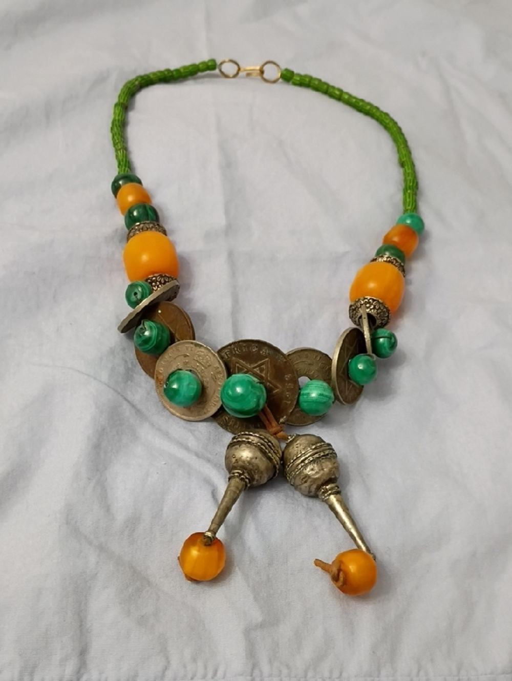 Vintage British West African Green and Amber Beaded Coin Trade Bead Necklace